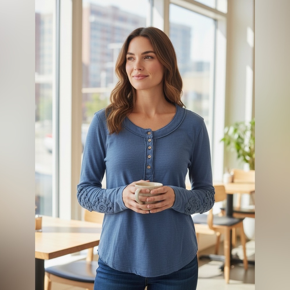 Elegant Blue Long Sleeve Top with Crochet Detail